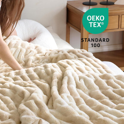 Faux Fur Blanket, Twin Size Oversized Throw Blanket for Couch, Fluffy Blanket with Stretch Ruched Design, Ultra Soft Giftable Home Decor, 60x80 inches, Tie-Dyed in Khaki