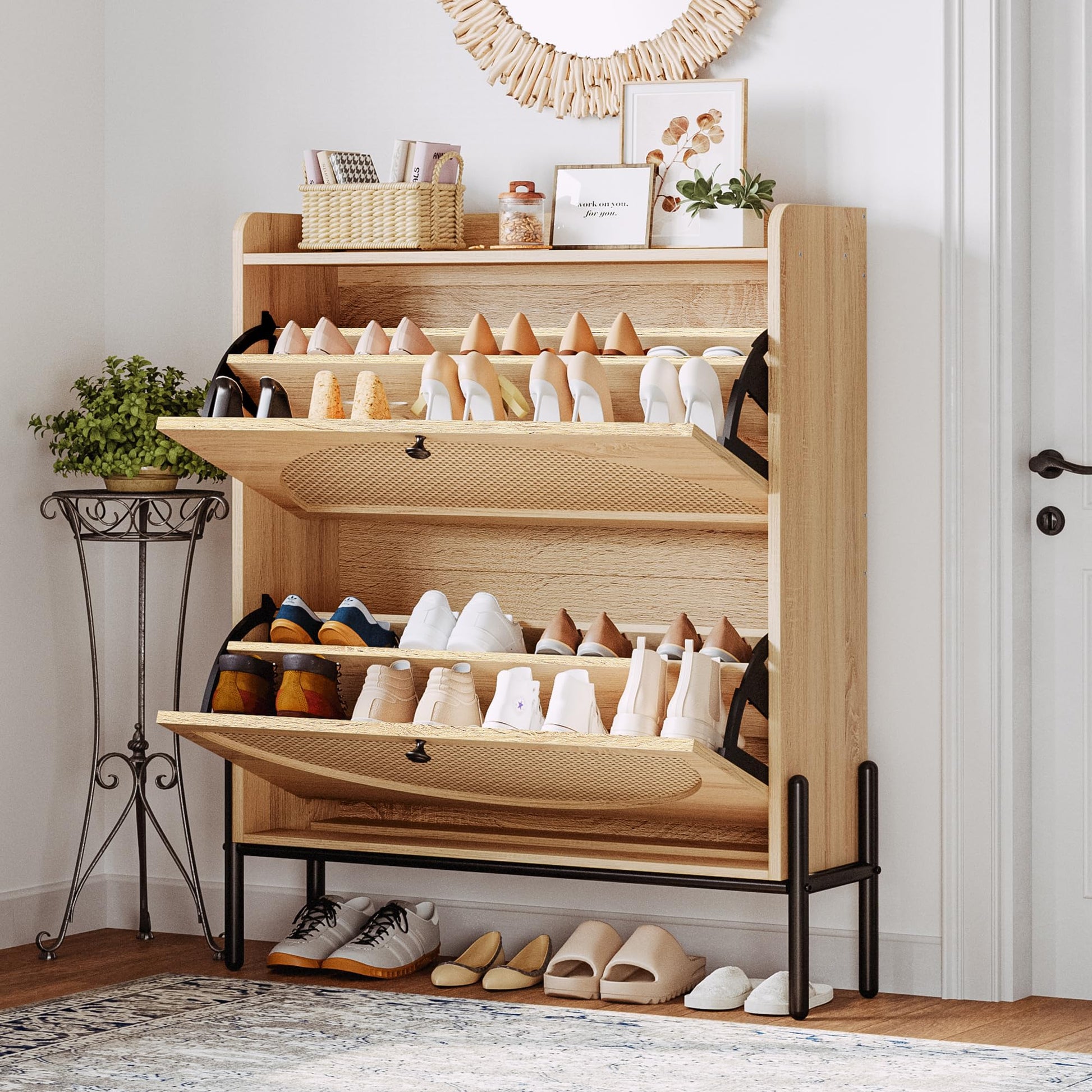 IRONCK Rattan Shoe Cabinet Storage with 2 Flip Drawers, Oak