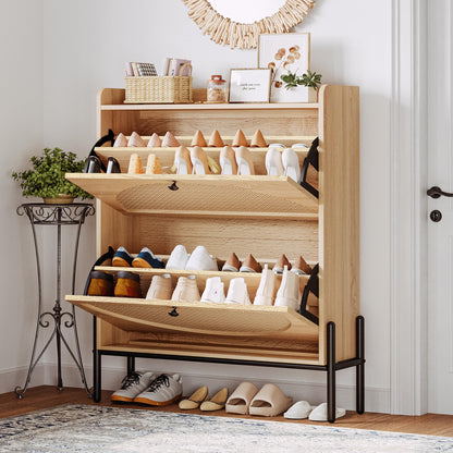 IRONCK Rattan Shoe Cabinet Storage with 2 Flip Drawers, Oak