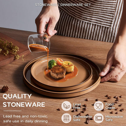 Onader Stoneware Dinnerware Sets for 4, Plates and Bowls with Unglazed Terracotta Bottom, Elegant Kitchen Ceramic Dish Dishware Set, Reactive Glaze 12 Piece - Earthy Umber