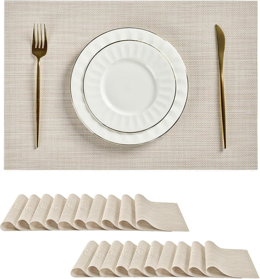 Leetaltree Beige White Placemats Set of 20 - Heat Resistant Non-Slip Place mats for Dining Table, Washable Durable PVC Vinyl Woven Table Mats（Beige White, 20）