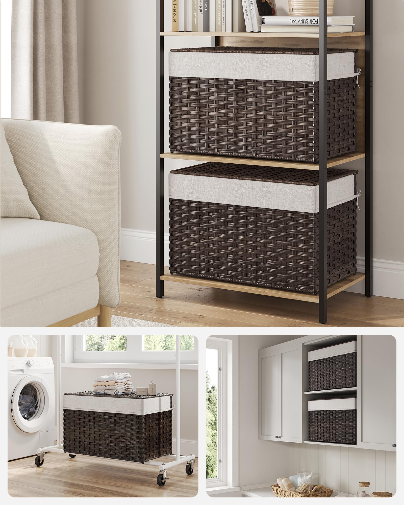 SONGMICS Storage Basket with Lid, Woven Blanket Storage Bin with Handles, Foldable, Removable