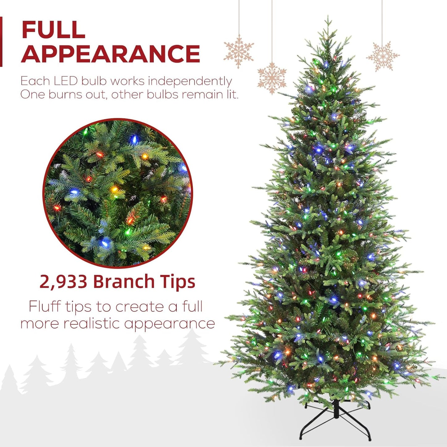Hykolity 7.5 ft Prelit Christmas Tree, 2933 PE&PVC Realistic Branch Tips, Frasier Grande Christmas Tree with 450 Color Changing Twinkly LED Lights, Metal Stand and Hinged Branches, 10 Colors