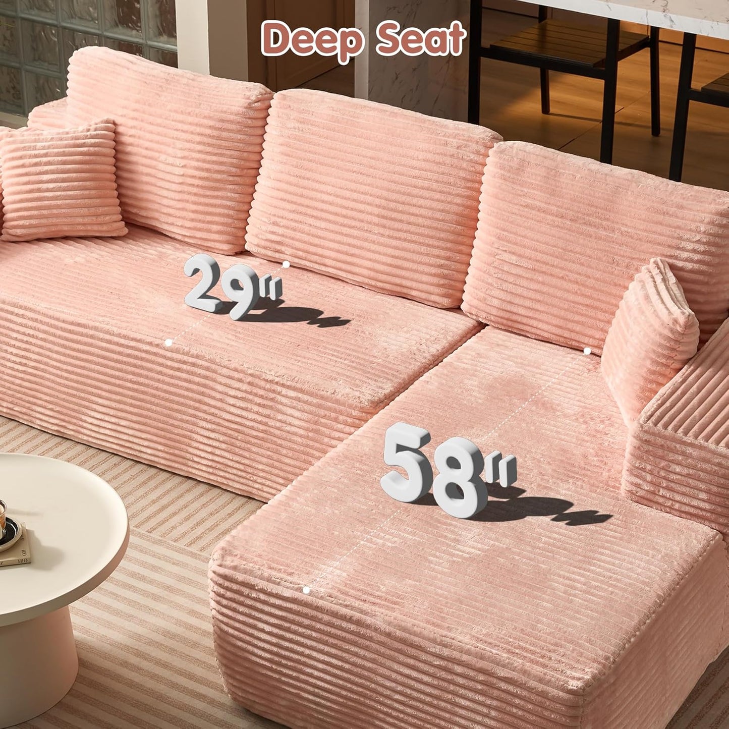 ovios 104" Cloud Sectional Couch with L-Shape Chaise,Modern Modular Sofa with Deep Seat, Upholstered Couches for Living Room Bedroom,No Assembly Required, Pink (Plush Corduroy Fabric)