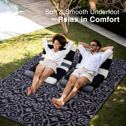 OLANLY Outdoor Rug Waterproof 8x10 ft Clearance, Reversible Outdoor Plastic Straw Rug with Floral Pattern, RV Mat for Patio, Camping, Balcony, Deck, Backyard, Black & Grey