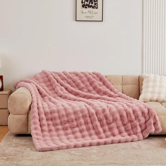 BENVWE Faux Fur Throw Blanket for Couch Bed - Fluffy Soft Thick Bubble Blanket for Living Room Home Decor - Mothers Day Birthday Gifts for Women, Dusty Pink, 63" x 80"