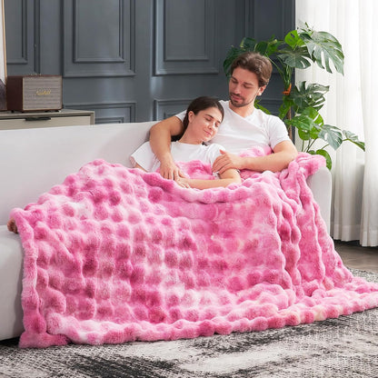 Cozy Bliss Faux Fur Throw Blanket for Couch, Fuzzy Soft Plush Thick Bubble Blanket for Sofa Bedroom Living Room, 60 * 80 Inches Tie Dye Pink