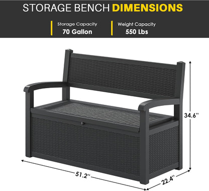 70 Gallon Deck Bench with Storage,Outdoor Storage Box Bench Waterproof&Lockable, Resin Patio Furniture with Armrest for Patio, Porch, Garden,Black