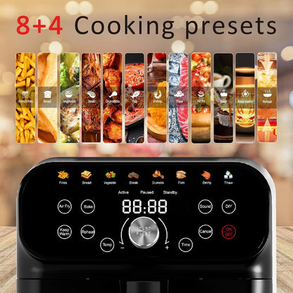 6.3QT Air Fryer Oven with LED Digital Touchscreen, 12 Preset Cooking Functions Air fryers, Bake, Reheat, Keep Warm, Nonstick and Dishwasher-Safe Basket, Stainless Steel/Black