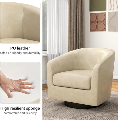 Swivel Barrel Accent Chair, Modern Round Faux Leather Arm Chair for Living Room, Bedroom, Comfy Club Reading Chairs for Adults, Faux Leather, Cream, Set of 1
