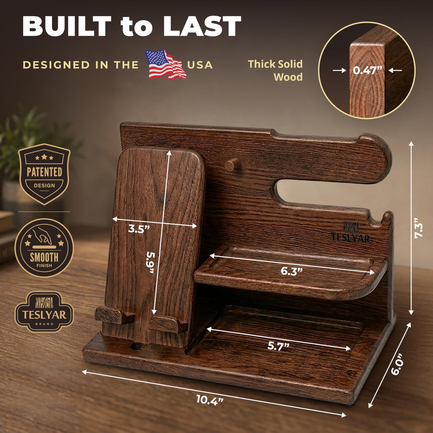 TESLYAR Wood Phone Docking Station for Men - Desk or Nightstand Organizer - Birthday Gifts for