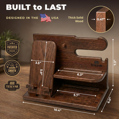 TESLYAR Wood Phone Docking Station for Men - Desk or Nightstand Organizer - Birthday Gifts for