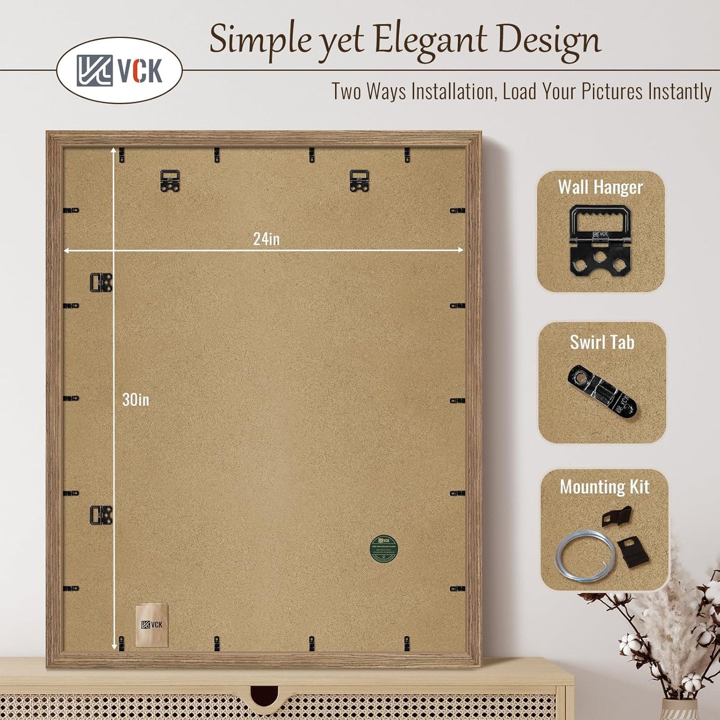 VCK 24x30 Poster Frame 3 Pack, Brown Walnut Wood Picture Frame, Exclusive Wood Grain, Wall Mounting Hanging