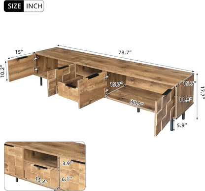 Modern TV Stand for TVs up to 85", Mid-Century Media Console with Checkered Cabinet Doors, Storage Drawers & Open Shelves, Wood Entertainment Center with Metal Legs