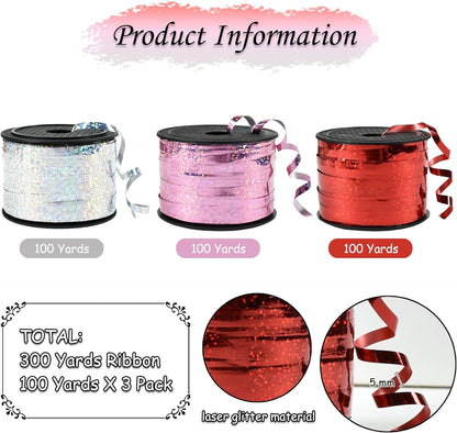 BEISHIDA Red Pink Silver Curling Ribbons Balloon String Ribbons - 3 Pack 100 Yards for Gift Warppping Valentine Day Birthday Christmas Party Decorations