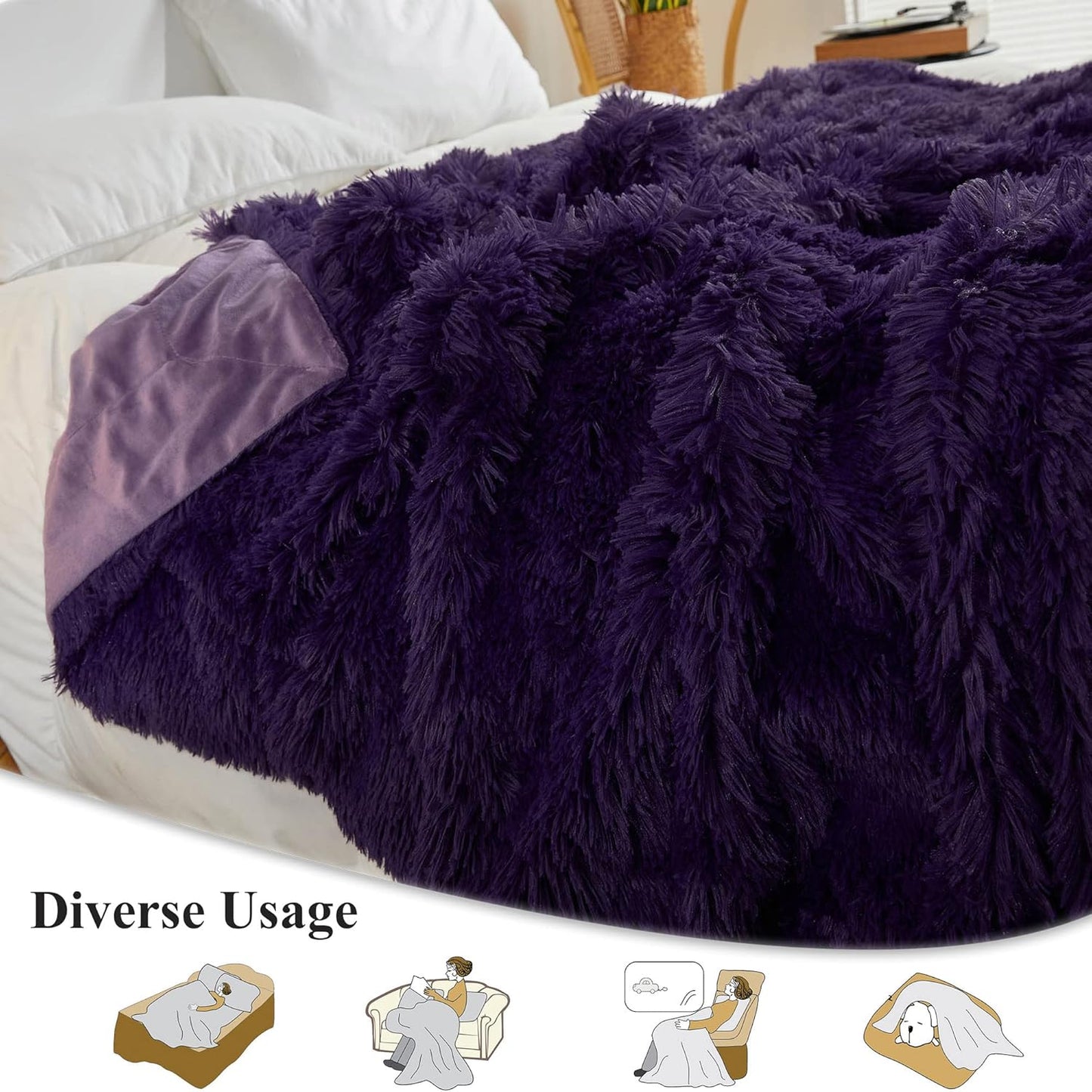 XeGe Plush Faux Fur Throw, Dark Purple Luxurious 50x60 Shaggy Furry Blanket, Thick Fluffy Microfiber Velvet Couch Blanket, Ultra Soft Fuzzy Office Lap Throw for Sofa Bed Car Purple