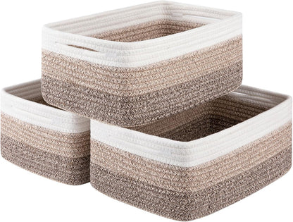 3 Pack Small Storage Baskets for Organizing, Cute Woven Decorative Gift Baskets for Shelves, Mini Closet Organizer Bins with Handles-13''Lx8.66''Wx5.11''H-Brown White