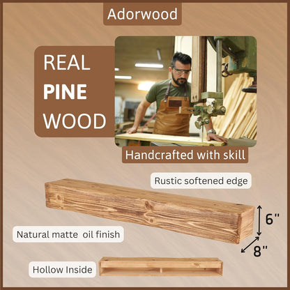 Handmade Fireplace Mantel Shelf 60", Rustic Wood Mantles for Over Fireplace, Wall Mounted Floating Mantel Shelves for Living Room Decor (Light Rustic, 60Lx6Hx8D)