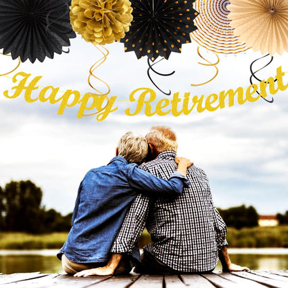 Black Gold Women-Men Happy-Retirement Party-Decorations - 21pcs Celebration Banner,Paper Streamers Lanterns Honeycomb,Tissue Flowers Pom Poms Fan, Classroom Backdrop Supplies Garland Decor Huglony