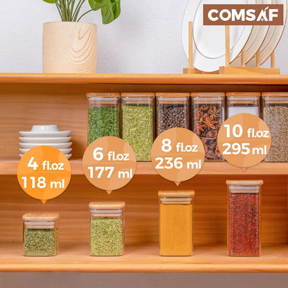 ComSaf Spice Jars with Labels 4 oz 6Pack, Small Spice Containers Starter Set, Glass Seasoning Jars with Lids, Square Seasoning Containers for Salt, Pepper, Chili Powder, Sugar, Ginger Ground, Cumin
