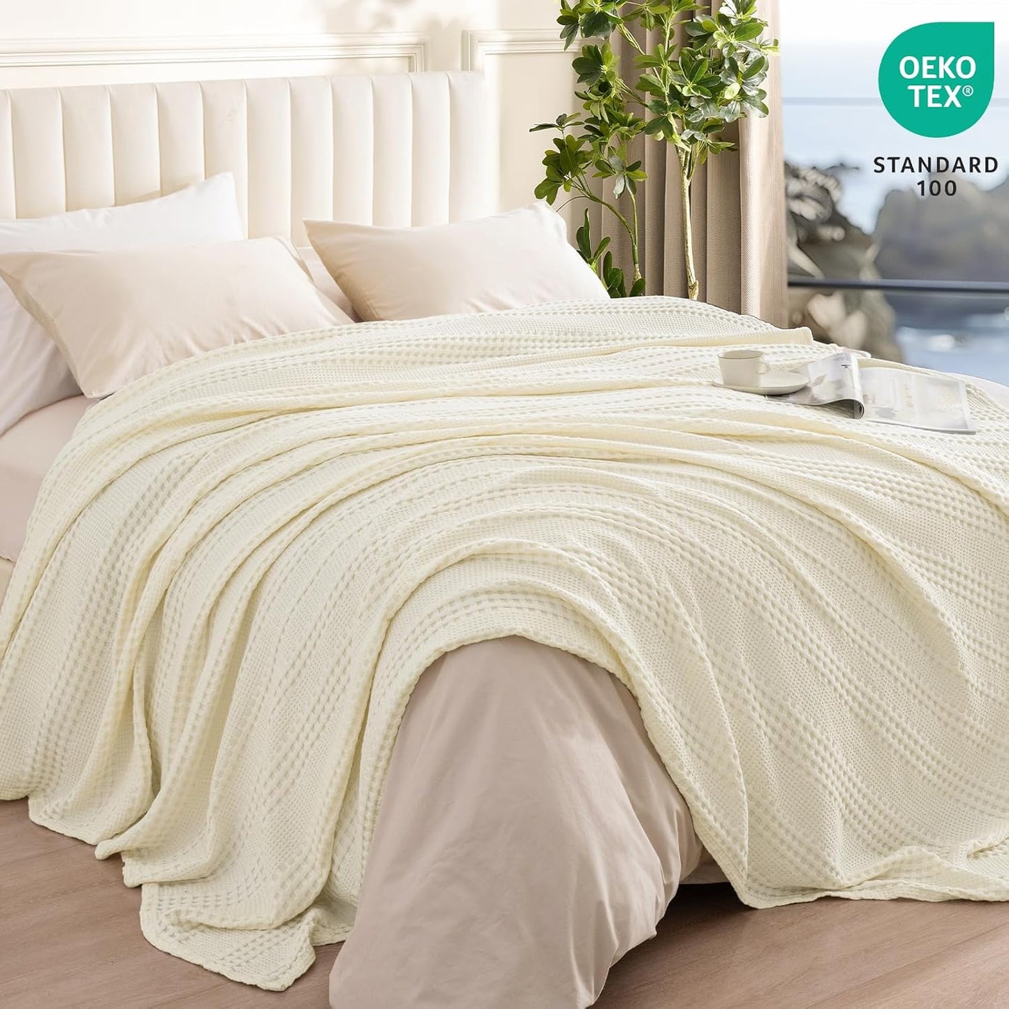 PHF Cooling Waffle Blanket Twin Size, Lightweight 60% Rayon Derived Bamboo & 40% Cotton Breathable Blanket for Hot Sleepers, Soft and Luxury for Bed Couch and Sofa, 66"x90", Ivory