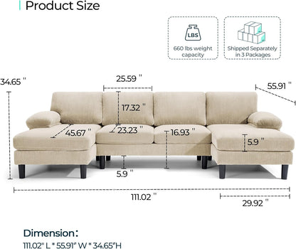 LINSY HOME Sectional Couch, 111'' W Corduroy U Shaped Sofa with Sleepable Armrests, 4 Seat Couch with Double Chaises, Deep Seat Sofa for Living Room, Beige