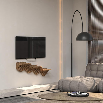 Parametric 40 inch Floating Shelf TV Unit Modern Geometric Wooden Wall Piece Decor Natural Oak Color 3D Wavy Living and Gaming Room Shelf