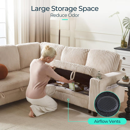 LINSY HOME Sectional Sleeper Sofa with Pull Out Couch Bed - Convertible Plush Corduroy Cloud Couch with Storage Chaise & USB Charging, Comfy Modular Couches for Living Room, Beige