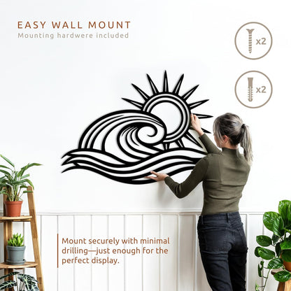 Wita Home Ocean Wave Metal Wall Art, Sun Beach Decor, Coastal Large Wall Sculpture for Home, Indoor/Outdoor Use, Nautical Wall Hanging, Eye-Catching Addition to Living Room (Black, 48 x 28 inches)