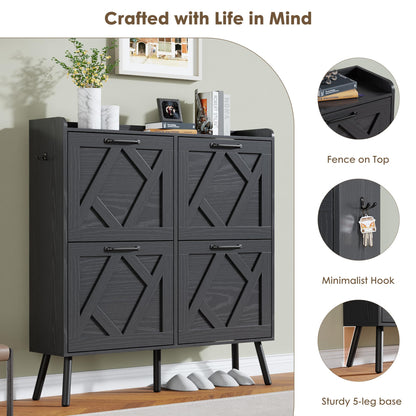 Nicetree Shoe Cabinet with 4 Flip Drawers, Hidden Shoe Rack Cabinet with Metal Legs, Farmhouse