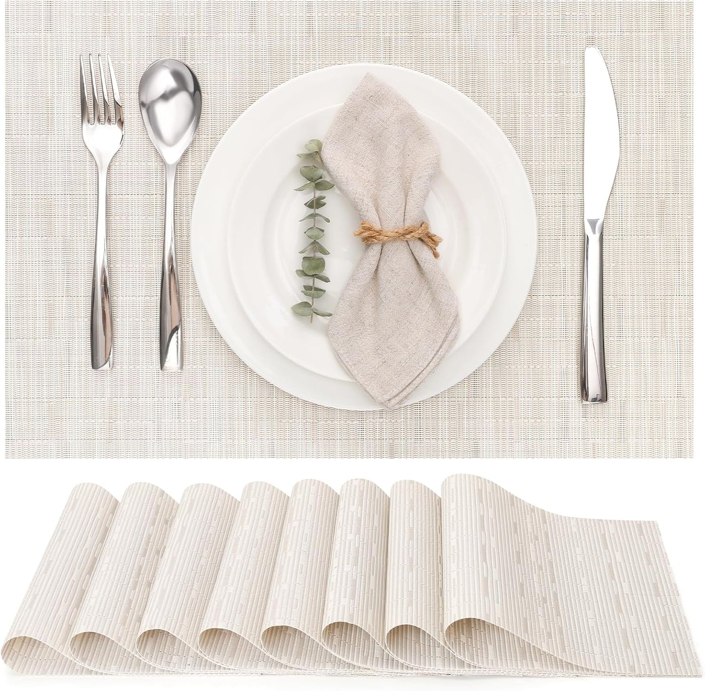 Myir JUN Placemats Set of 8, Vinyl Woven Placemats Place Mats Indoor Set of 8 Washable Table Mats Non-Slip Place mats for Dining Table (B-White, Set of 8)
