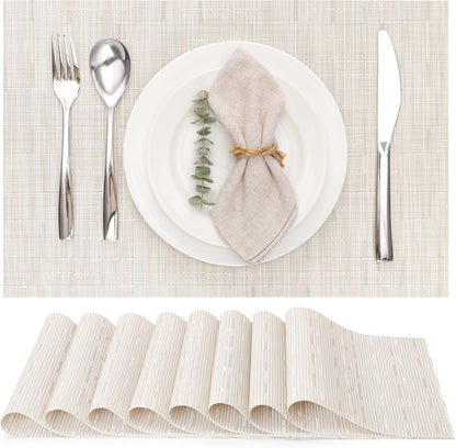 Myir JUN Placemats Set of 8, Vinyl Woven Placemats Place Mats Indoor Set of 8 Washable Table Mats Non-Slip Place mats for Dining Table (B-White, Set of 8)