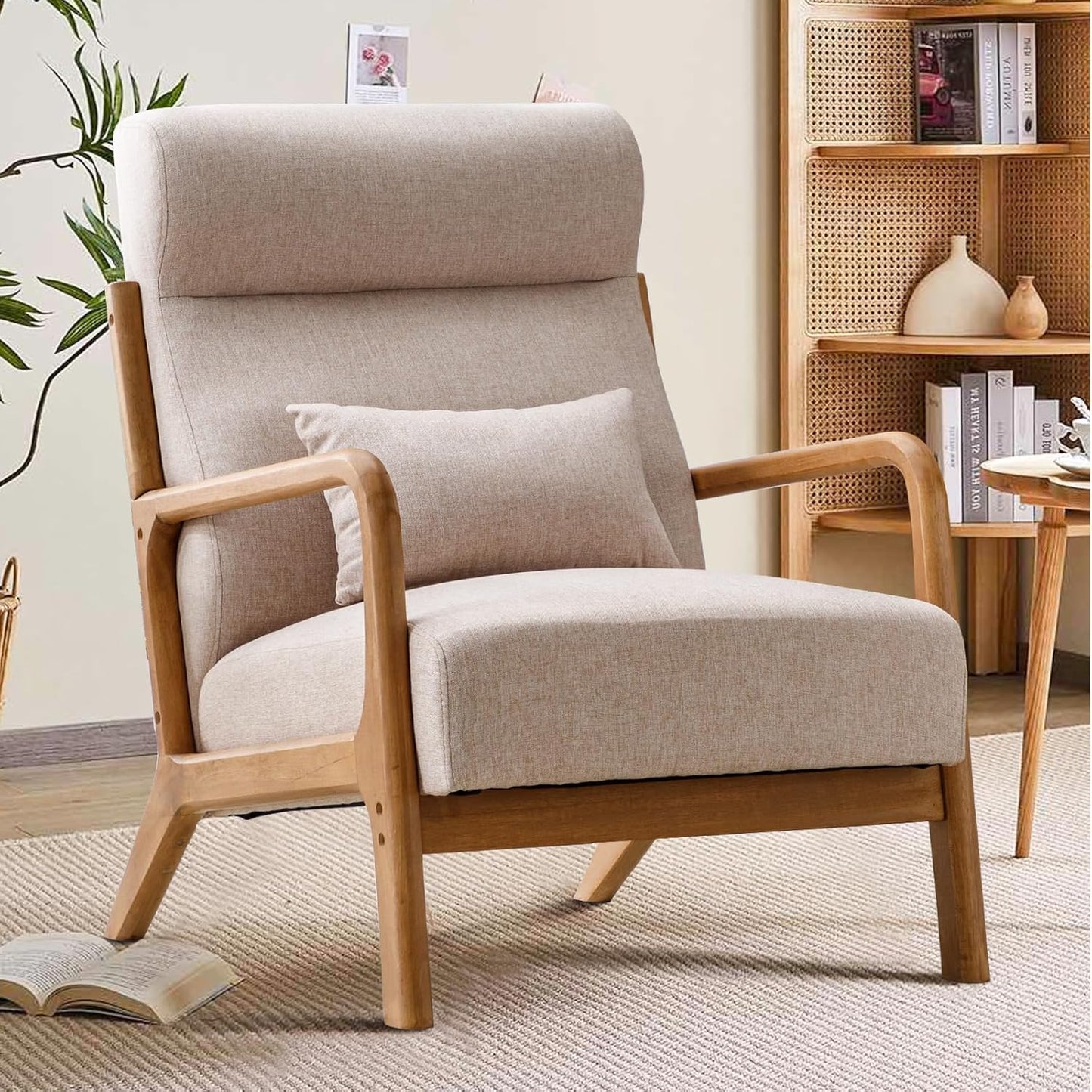 INZOY Mid Century Modern Accent Chair with High Back, Upholstered Living Room Chairs with Waist Cushion, Wood Frame Reading Armchair for Bedroom Sunroom, Beige