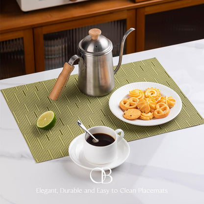 Placemats Set of 8 - Easy Clean Woven Vinyl Placemats for Dining Table, Indoor/Outdoor Place Mats, Washable PVC Table Mats （Pea Green）