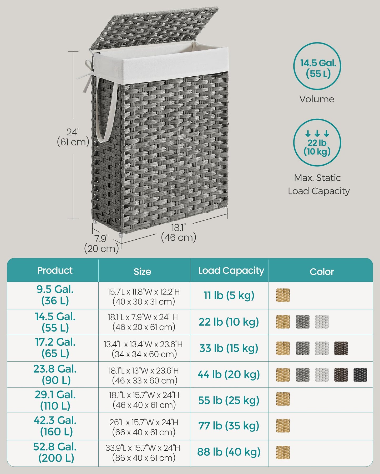 SONGMICS Slim Laundry Hamper with Lid, 14.5 Gallon (55L) Rattan Clothes Laundry Basket with Lid and