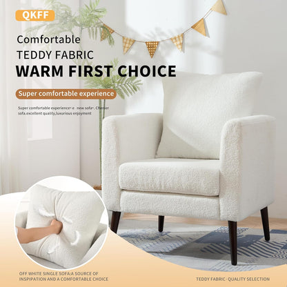 Barrel Accent Chair Set of 2 with Back Pillow, Large Teddy Upholstered Armchair with Solid Wood Legs Modern Reading Chairs for Living Room Bedroom