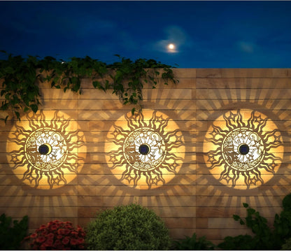 4 Pack Solar Fence Lights Metal Solar Powered Outdoor Wall Deck Lights Sun Moon Theme Waterproof Fence Light for Garden Post Patio Backyard Yard Decor (Face, 4 Pack)