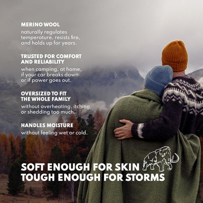 Woolly Mammoth Woolen Company Camping Wool Blanket - 66 in x 90 in Black & Cream Plaid - Heavyweight Merino Wool Outdoor Throw Blanket & Bedroll - Insulating Warm for Winter, Picnic & Travel