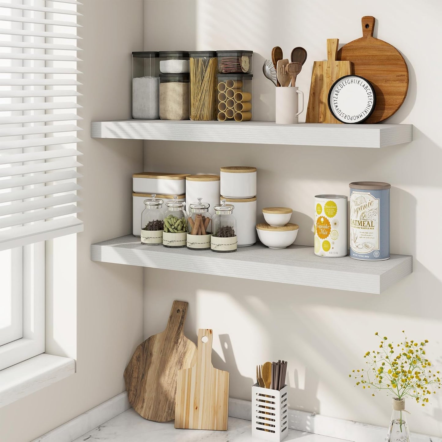 Fun Memories Floating Shelves for Wall, 30 Inch Rustic Wood Wall Mounted Shelves for Bathroom, Bedroom, Kitchen, Living Room, Deep Floating Shelves for Storage & Home Decor (White, Set of 2)