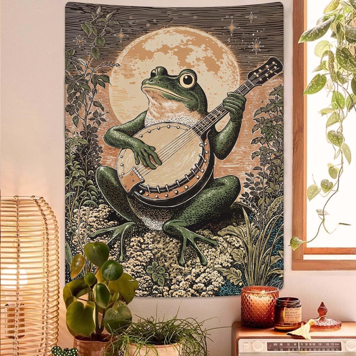 Lunerfex Moonlit Banjo Frog Wall Tapestry, Whimsical Amphibian Musician Tapestries for Room Decor, Folk Art Tapestry 60L x 80W