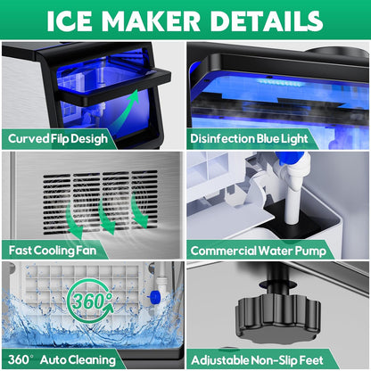 Commercial Ice Maker Machine 130Lbs/24H with 30Lbs Ice Capacity, 45Pcs Clear Ice Cubes Ready in 8-15Mins, Stainless Steel Under Counter Freestanding Large Ice Machine, 2 Water Inlet Modes
