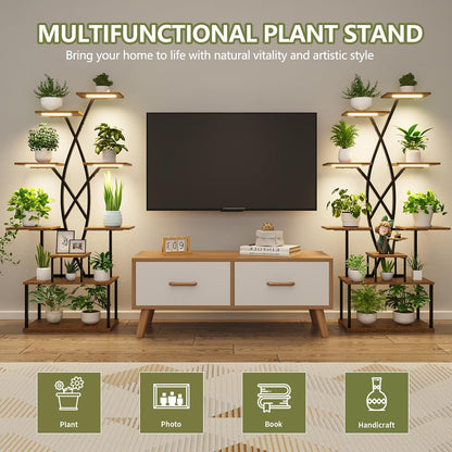 Plant Stand Indoor with Grow Lights - 9 Tiered 66" Tall Metal Plant Shelf, Curved Plant Stand with Adjustable Feets for Multiple Plants, Corner Flower Shelf for Living Room, Patio