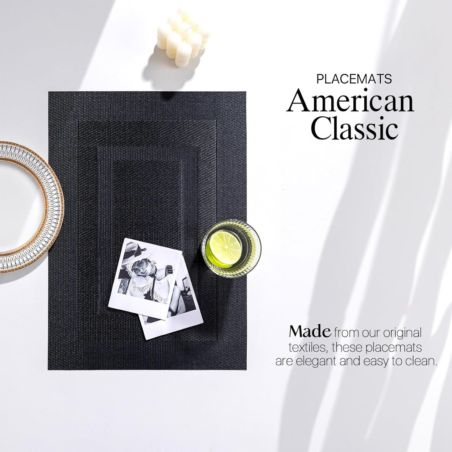 LEXMORE Placemats Set of 4 Vinyl/Plastic Woven Place Mats for Kitchen Table Indoor/Outdoor Washable Placemat Wipeable Dining Table Mats(G-Black Cube)