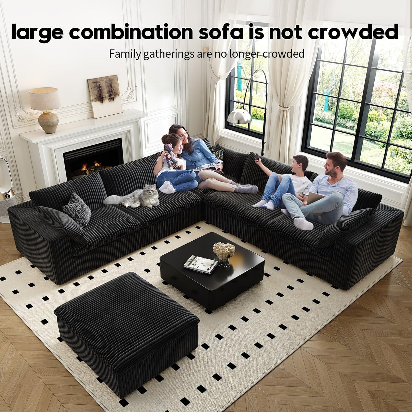118" Cloud Couch Oversized Modular Sectional Sofa for Living Room,Modern Sofa with Deep Seat，6 Seater Boneless Couch,Comfy Upholstered Corduroy Couches for Apartment, Studio, Office,Bedroom，Black