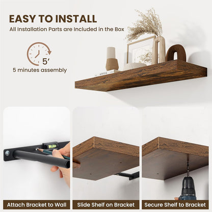 Fun Memories 24 Inch Floating Shelves Wall-Mounted, 10 Inch Deep Wall Shelves, 24 x 10 Floating Shelf for Living Room Bathroom Bedroom, Rustic Brown, Set of 2