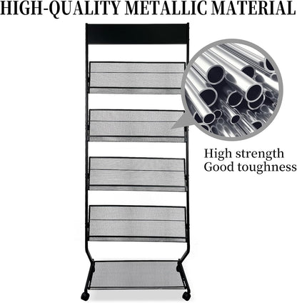 Tongmo Floor-Standing Magazine Rack 4-Layer with Wheels, Brochure Display Stand, High-hardness metal for Office,Exhibitions, and Any Organization Requiring Information Display (black)