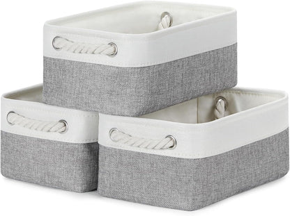 Bidtakay Small Baskets Fabric Storage Baskets for Organizing 3-Pack 12x8x5 Inch Collapsible Storage Bins for Shelves Canvas Bins for Closet Organization Home Baskets Storage Linen Closet S-White&Grey