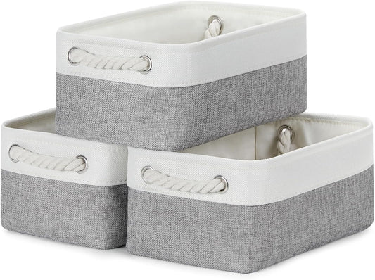 Bidtakay Small Baskets Fabric Storage Baskets for Organizing 3-Pack 12x8x5 Inch Collapsible Storage Bins for Shelves Canvas Bins for Closet Organization Home Baskets Storage Linen Closet S-White&Grey