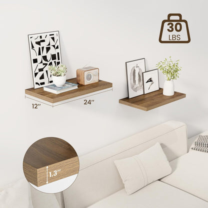 24" Floating Shelves for Wall, 12" Deep Slim Walnut Floating Shelves, Wall-Mounted Shelves for Bedroom, Living Room, Kitchen, Bathroom - Set of 2