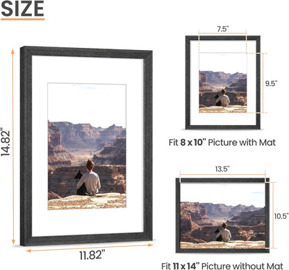 upsimples 11x14 Picture Frame, Natural Solid Wooden Picture Frames, Display 8x10 with Mat or 11 x 14 Without, Vertical or Horizontal Wall Hanging, 1 Pack, Black
